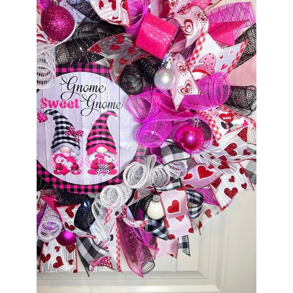 Handmade Valentine’s Gnome Sweet Gnome Ribbon Prelit Wreath 22 ins LED W17
